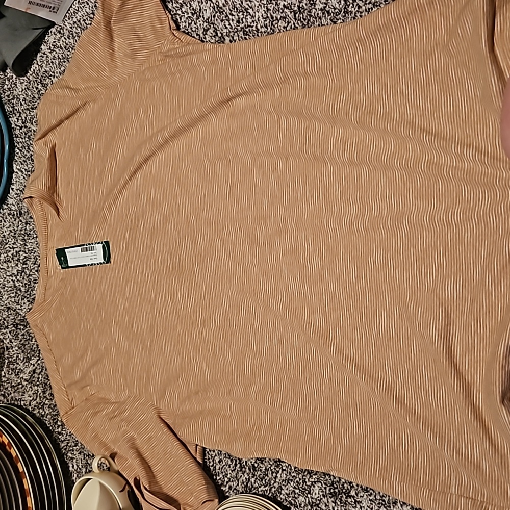 Even Tide, Women's XL. tan and white stripped shrit. Crew neck New with tag.